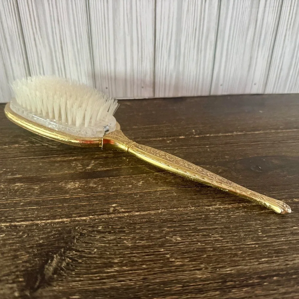 Vintage Gold Floral Hairbrush Rose Wreath Filigree Hollywood Regency Vanity MCM
